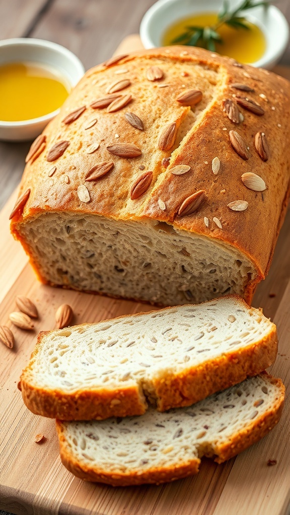 A loaf of gluten-free no-sugar bread sliced on a cutting board, showcasing its texture, with olive oil and herbs in the background.
